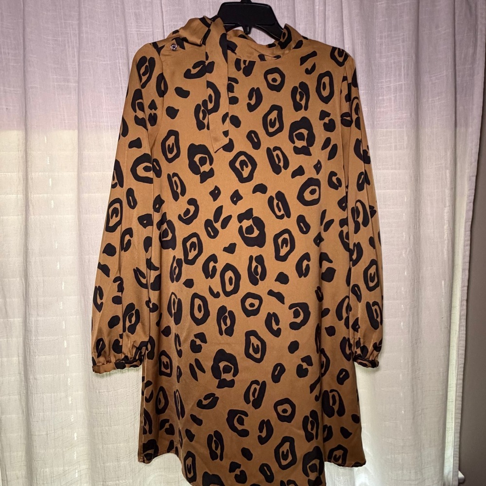 Who What Wear Mini Dress Women S Brown Leopard High Tie Neck Long Sleeve Shift